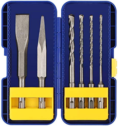 SDS Plus-Bits, Bohrhammer-Bohrer-Set mit Spitzmeißel, Flachmeißel-Mauerwerk-Bit-Set für Ziegel, Zement, Stein, 6-teiliges Werkzeug