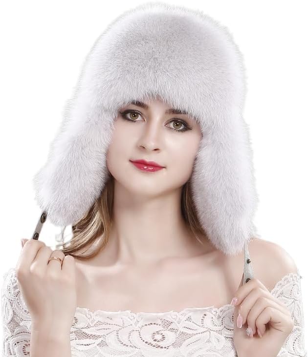 Real Fox Fur Trapper Hat with Earflap, Genuine Sheepskin Leather Shell Winter Warm Windproof Hat