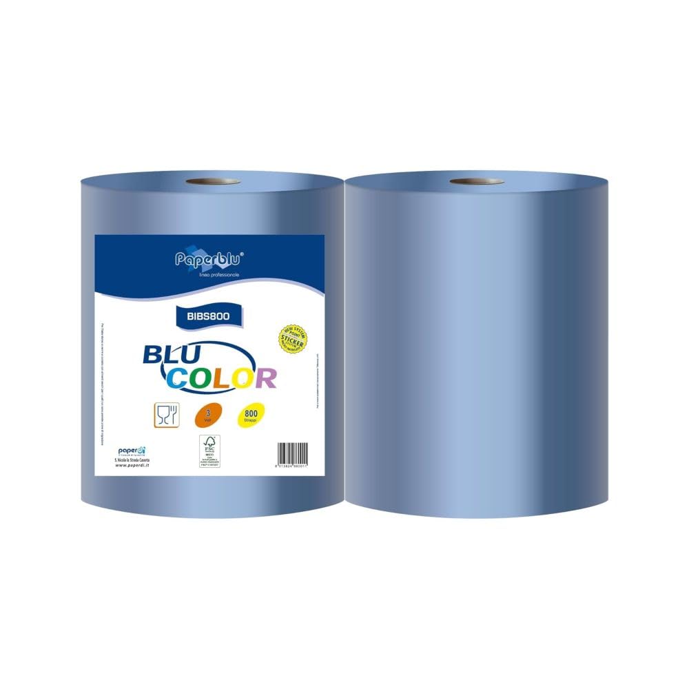 Paperdi Bobina profssionale cellulosa BLU 3 veli 800 strappi - 2 rotoli asciugatutto industriale 3 veli di colore blu cucine industrie alimenti pulizia