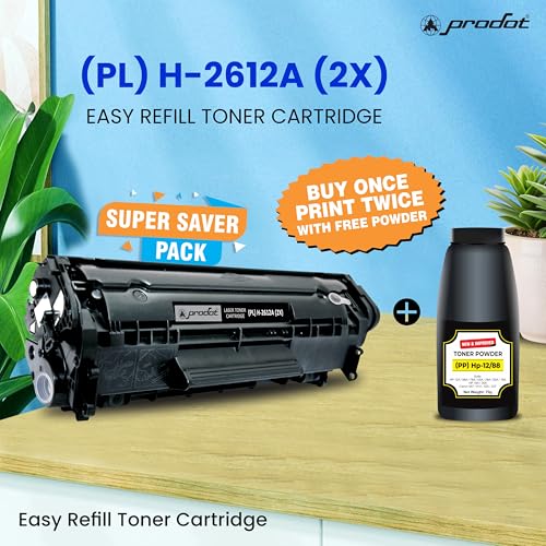Image of ProDot 12A Toner Cartridge & Powder Set Replaces HP Q2612A Canon 303 /703 /FX-9 /FX-10 Compatible with HP 1010-1020 /1315-3030 Canon LBP2900 /3000 /L100 I 1500 Page Yield I 1 Yr Warranty (1 Set)