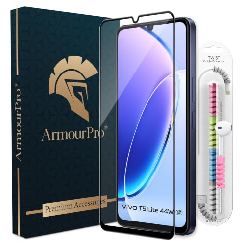 Image of ArmourPro Military-Grade Tempered Glass for Vivo T5 Lite - 9H Anti Scratch, Edge-to-Edge Coverage, HD Clarity, Smooth Touch, Case Friendly, Easy Installation Kit with Cable Protector