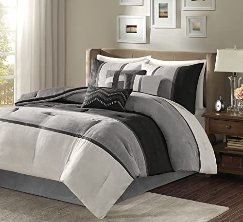 Madison Park Palisades Comforter Set Modern Faux Suede Pieced Stripe Design, All Season Down Alternative Cozy Bedding with Matching Shams, Decorative Pillows, King(104"x92"), Black 7 Piece