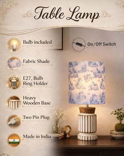 Image of Homesake Wooden Table Lamp | Handcrafted Bedside & Living Room Lamp | Bulb Included | Warm Light | Desk Nightstand Light, Decor Lamp for Bedroom, Study & Home Decor, (KD Blue Printed Drum)
