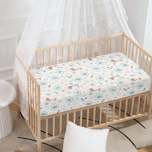 Image of Giraffe Baby Crib Sheets for Boys Girls Elephant Fitted Crib Sheet for Standard Crib and Toddler Mattress Cute Animal Baby Mattress Sheets Toddler Bed Sheet 52x28x8 in