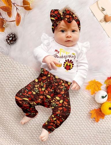 My First Thanksgiving Baby Girl Outfit Ruffle Long Sleeve Turkey Print Thanksgiving Baby Girl Outfit2