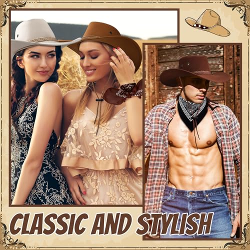 Image of Coume 15 Set Western Cowboy Hat Costume Accessories Paisley Bandanna Cowgirl Hats Bulk for Adult Women Men Dress Party