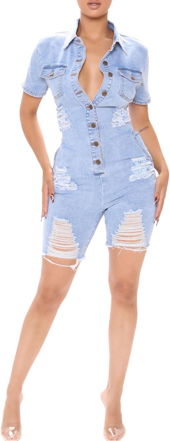 SheKiss Womens Casual Short Sleeves Denim Romers Elastic Waist Button Down Onesie Jumpsuits with Pockets - Image 2
