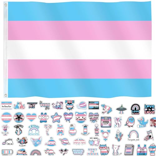 Transgender Pride Flag 3x5 Ft Pride Month Accessories Trans Rainbow Banner Decorations for Parades Party with 60 Stikers