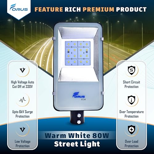 Image of Forus LED Street Light 80W Waterproof with Clamp 5 Years Warranty, Warm White Excellent Quality Street Light, Street Light 80 Watt for Home, Street Lights Outdoor, Street Lamp, LED Street Lights 1Pc