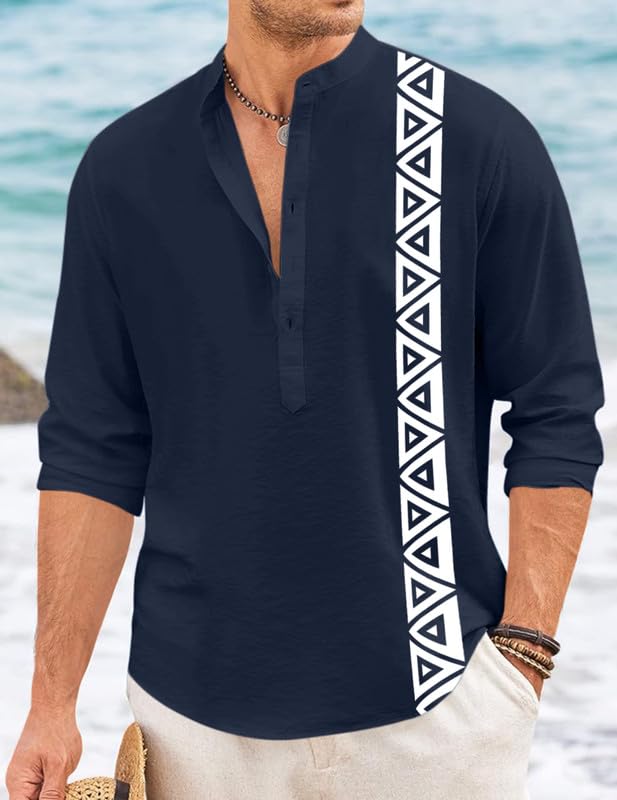 Image of FINIVO FASHION Men's Short Kurta with Printed Geometric Side Panel | Cotton Blend Full Sleeve Ethnic Topwear with Mandarin Collar | Stylish Indo-Fusion Kurta for Daily, Festive, or Casual Wear
