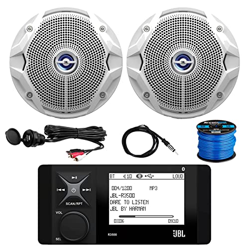 Marine Bluetooth AM/FM Radio Stereo LCD Digital Media Receiver Bundle with 2X 6.5 180W White Boat Speakers, 50 Feet 16-Gauge Speaker Wire, 22" Antenna, USB/AUX Mount - OEM Replacement