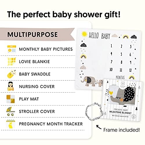 Image of Pondering Pine Organic Baby Monthly Milestone Blanket for Boy or Girl with Month Marker - Elephant Milestones Blanket, 1-12 Months, Gender Neutral, 47 inch X 47 inch