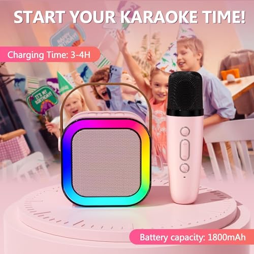 Image of Kids Karaoke Speaker with Wireless Microphone | Portable Bluetooth Singing Machine with LED Lights | Mini Rechargeable Karaoke System for Boys & Girls (2 Mic, Blue)