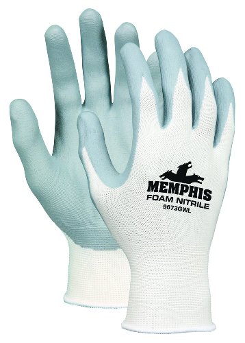 Image of MCR Safety 9673GWL Seamless Nylon Knitted Memphis Gloves with Gray Foam Nitrile Dipped Palm and Fingers, Gray /White, Large, 1-Pair
