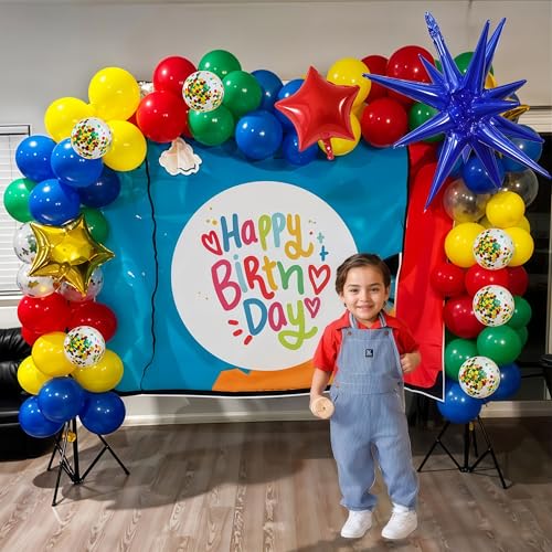 Image of Red Yellow Green Blue Balloon Arch Kit 123Pcs Rainbow Balloons Garland with Star Foil Balloon Cartoon Colorful Birthday Party Balloons for Boys Men Game Baby Shower Carnival Circus School Decorations