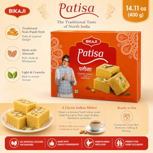 Image of Bikaji Patisa 14.11 oz (400g), Flaky Soan Papdi Style Sweet | Light, crispy North Indian mithai with delicate layers; ready to eat from the box, ideal for gifting and festive