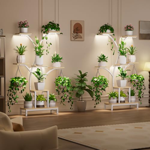 Image of Plant Stand Indoor with Grow Lights - 7 Tiered Metal Corner Shelf for Multiple Plants, 63.4 inch Corner Plant Stand for Indoor Plants, Tree-Shaped Plant Rack for Home, Living Room, Office & Patio Decor