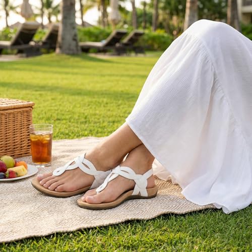 Image of Women's Orthopedic Arch Support Comfortable Walking Sandals, Orthotic Thong T-Strap Supportive Casual Flat Summer Sandals for Women