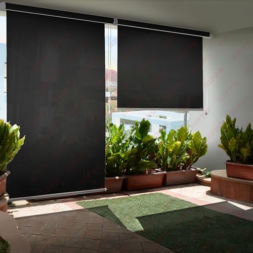Image of HIPPO 180 GSM HDPE Outdoor Balcony Roller Blind, UV & Dust Protection Corded Roll Up and Down Light Filtering Blinds for Garden (Pearl-Black, 3FTX5FT)