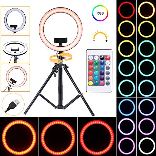 ALLOMN Anneau Lumineux LED, Dimmable Lumière de Remplissage de l'anneau avec Trépied 24 Touches Télécommande RVB, Trépied Télescopique et Clip de Téléphone Alimenté par USB