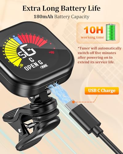 Image of New Bee Guitar Tuner Clip-On Rechargeable with Color Screen 360 Rotatable Acoustic Chromatic Open Tuning for Guitar, Bass, Ukulele, Violin (Black, 2 Pack)