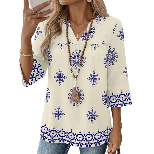 Rapbin Womens 3/4 Sleeve V Neck Boho Pleated Blouses for Women Dressy Casual Loose Fit Tops Boho Blue Large