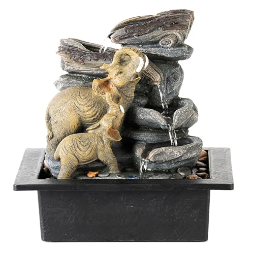 LEOM Indoor Water Fountain With LED Lights, Elephant Statue with Zen Waterfall Features, Tabletop Water Fountains for Relaxation Zen, Desktop Water Fountain for Home & Office Decoration