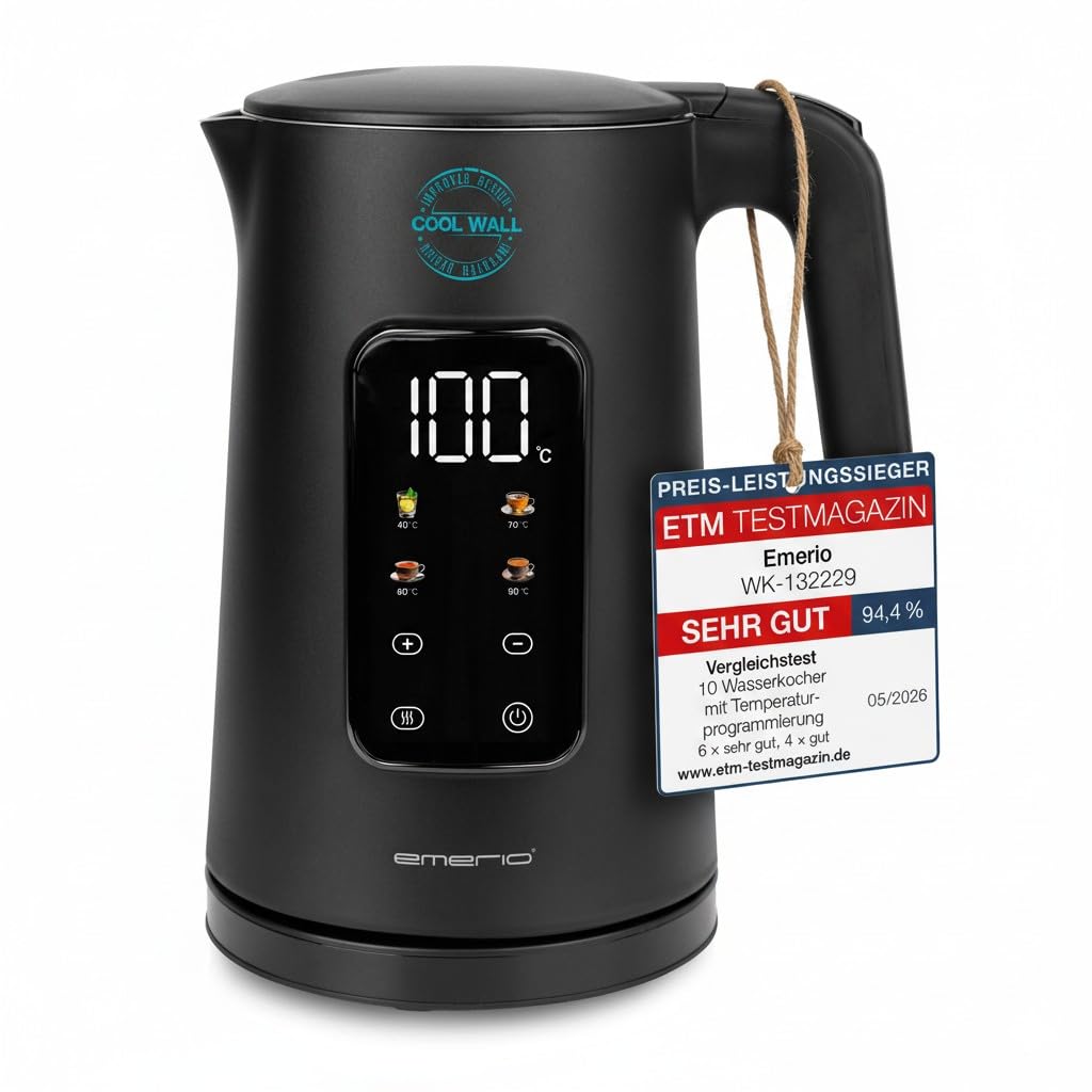 EMERIO Bollitore in acciaio inox, 1,7 l, doppia parete isolata, scelta della temperatura 40 – 100 °C in incrementi di 5 °C, display con varietà di tè preprogrammate, senza BPA, 2200 W, spegnimento