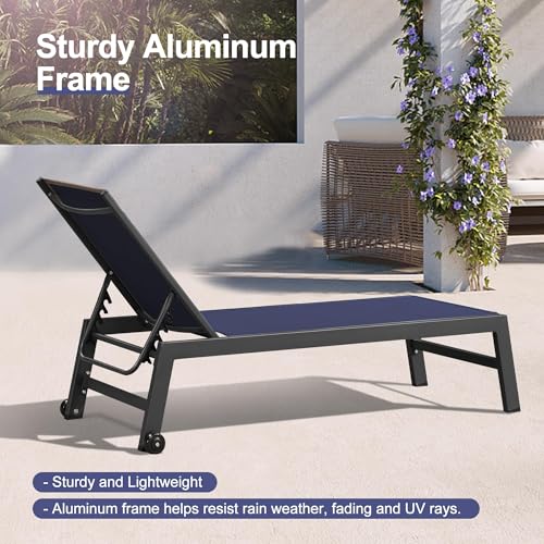 Image of PURPLE LEAF Outdoor Patio Chaise Lounge Set 4 Pieces Pool Lounge Sunbathing Chairs with Wheels Chair for Yard (4 Navy Blue Lounges W /Side Table)