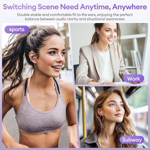 Image of 2 in 1 Clip on Open Ear Headphones Wireless Earbuds, 0 Delay Bluetooth 6.0, Ultra-long 140H Play, Auto L-R Recognition Touch Control, Hybrid Noise Reduction for Work Fitness Daily Use, Ctbuds Purple