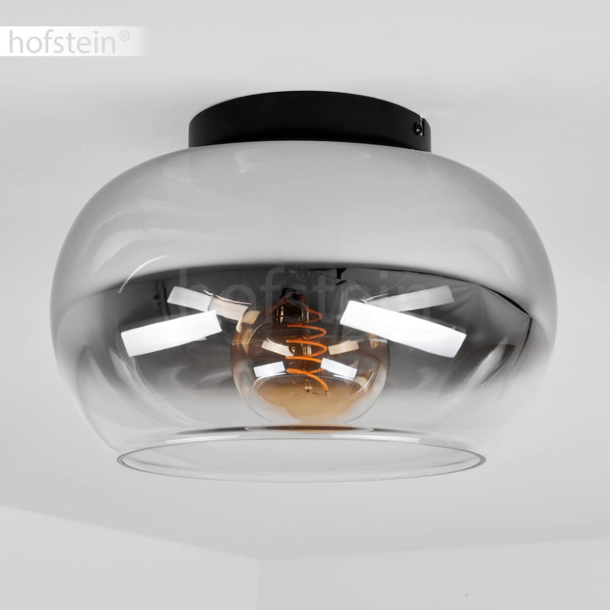 HOFSTEIN Deckenleuchte Molloy, Deckenlampe aus Metall/Glas in Schwarz/Rauchfarben/Klar, moderne Leuchte im Retro/Vintage-Design, Ø 31 cm, E27, Schlafzimmer, Wohnzimmer, Küche, Esszimmer