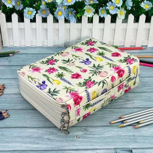 Image of YOUNGCOL 200 Slots Colored Pencil Case Color Pencil Organizer Storage Large Capacity Pencil Case (Faint Yellow + Flower)