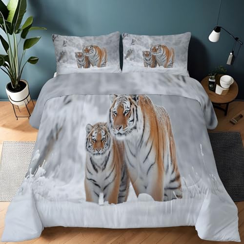 Genérico Edredón 4 Estaciones, Juego de Ropa de Cama de 3 Piezas 135 x 200 cm Animales Tigres Nieve Suave Edredón de Microfibra, Colcha de Invierno y Verano para Niños y Personas Alérgicas, Gris