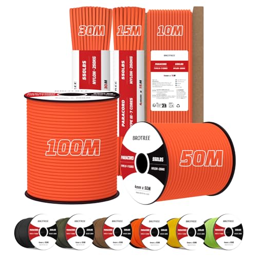 Brotree Paracord 550 4mm 15M 100% Nylon Seil Schnur Typ III mit 7 Stränge für Survival, Outdoor, Armbänder, Hundeleine - Bruchlast 250kg (Orange)
