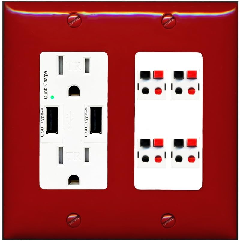 RiteAV 4 Port Speaker Wire Plug Jack Wall Plate - USB Outlet [Red/White]