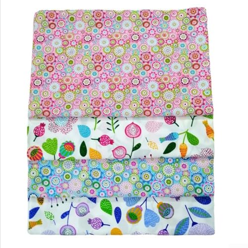 Paquete de 4 cuadrados de tela con estampado de algodón, hojas precortadas florales para manualidades, álbumes de recortes, patrón de puntos, tela estampada de sarga hecha a mano (50 x 80 cm)