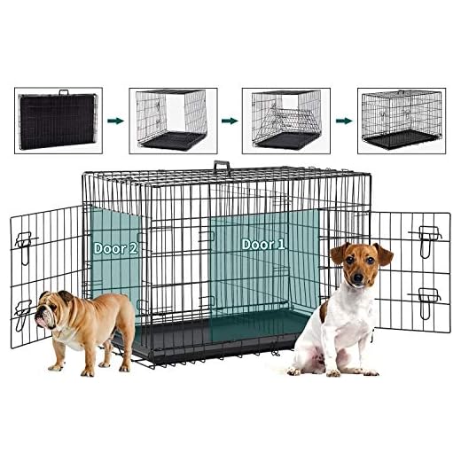 BMS Dog Crate Dog Kennel for Large Medium Dog Crate Folding Metal Dog Crate Indoor/Outdoor Double Door Travel Metal Dog Crate with Plastic Tray (42 inch)