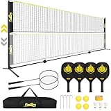 Fostoy Pickleball Set with Net, 17FT Portable Pickleball Net, 36-61in Adjusts All in one Pickleball Badminton Net Set with Pickleball Paddles and Badminton Rackets for All-Weather for Indoor Outdoor