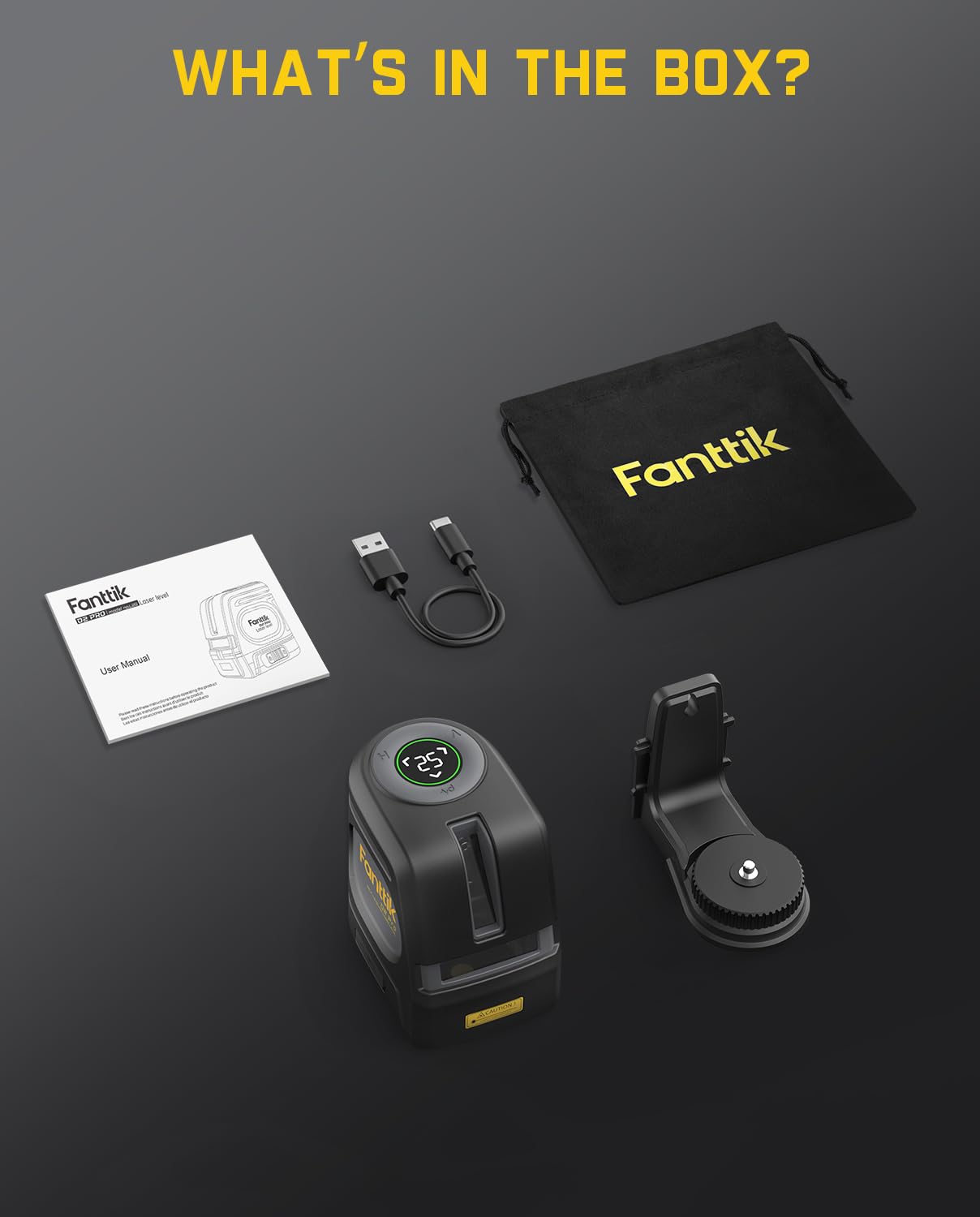 Niveau laser Fanttik D2 PRO, niveau laser autonivelant avec écran LED, ligne verte en croix extérieure de 61 m, faisceau vertical à 130°, batterie rechargeable de 2 600 mAh, base magnétique à 360°