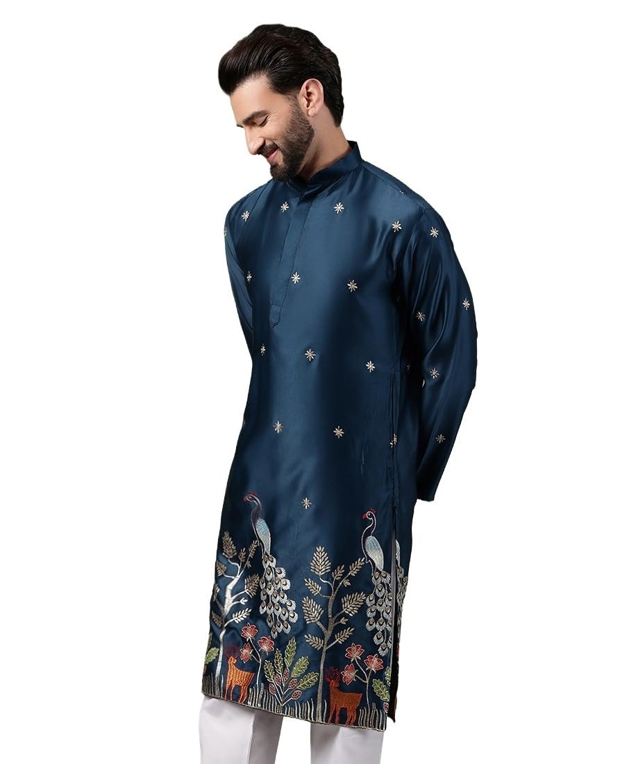sojanya (Since 1958 Men's Cotton Silk Flora & Fauna Embroidered Long Kurta-picture-46