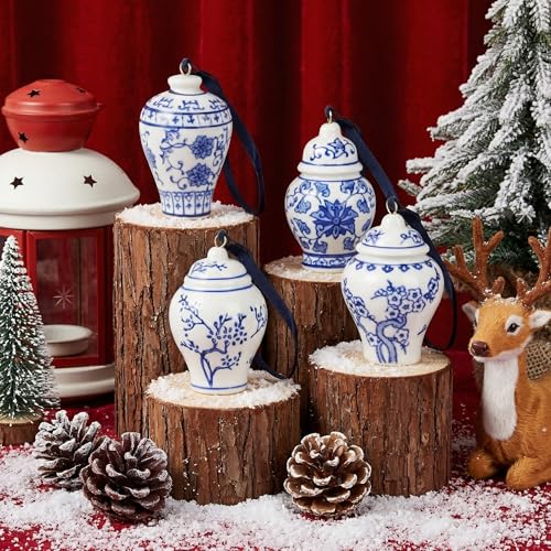 Image of Goaste 4 Pack Mini Ginger Jar Ornaments, Christmas Hanging Pendant, Chinoiserie Ceramic Hanging Ornaments, Blue and White Porcelain Christmas's Tree Decor for Christmas, Home Decoration