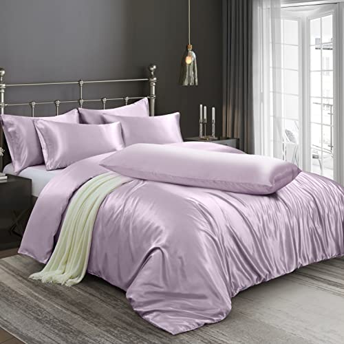 Image of Ersmak 6 Pieces Satin Duvet Cover King Size Luxury Silky Bedding Duvet Cover Set with 1 Soft Duvet Cover, 4 King Pillowcases and 1 Body Pillowcase, Lavender