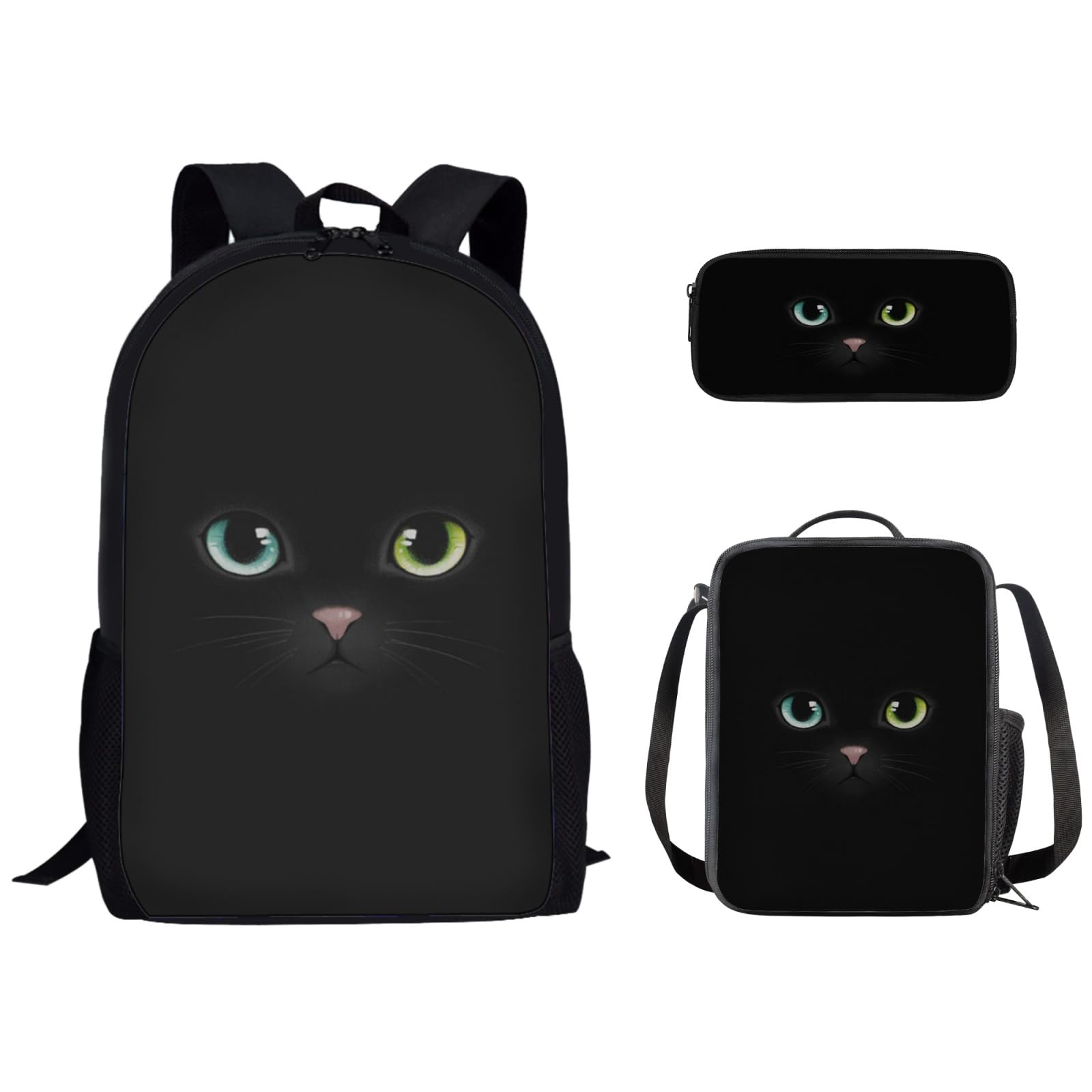 Kuiaobaty Kuiaobaty Juego de mochila escolar para niñas y niños 3 en 1 con bolsa de almuerzo y estuche para lápices para la escuela secundaria, Gato Negro