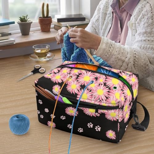 Image of Drnuikhe Pink Daisy Flower Crochet Bag Knitting Bag with Shoulder Straps Traveling Crochet Bags Yarn Bag for Carrying Crochet Hooks, Knitting Kit, Skein Yarn Wool, Project
