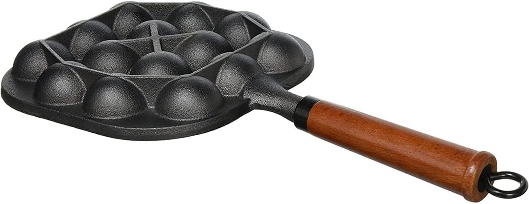TIKUSAN Takoyaki Pan Cast Iron Takoyaki Maker Skillet Griddle Japanese Octopus Meat Ball Mold Maker Wooden Handle 14 Molds