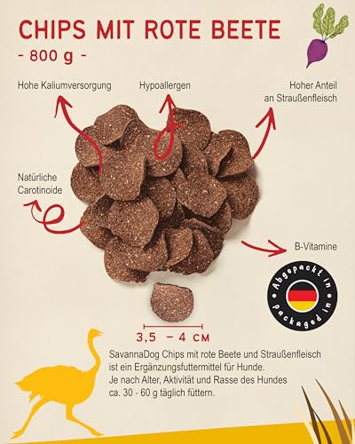 SavannaDog Chips mit Rote Beete 800g - Hunde Leckerlis getreidefrei & hypoallergen,Leckereien für Hunde mit Straußenfleisch, Hundeleckerli mit wertvollen Ballaststoffen