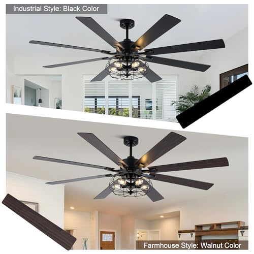 Image of 72 inch Farmhouse Ceiling Fan with Lights Remote, Rustic Ceiling Fan | Black Caged Fandelier, Large Industrial Chandelier Light for Living Room Indoor Covered Outdoor, 5 E26 Bulbs (Not Included)