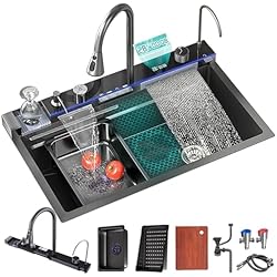 Fregadero Sink FIVIXIL Fregadero de cocina Fregadero digital en cascada Whale Grifería multifunción con lavavasos, dispensador de jabón, caño en cascada Flying Rain, control de mesa, etc