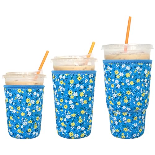 Image of 3 Pack Reusable Iced Coffee Sleeves - Xumbtvs Insulator Sleeve for Cold Beverages, Neoprene Coffee Cup Holder (Floral 02)