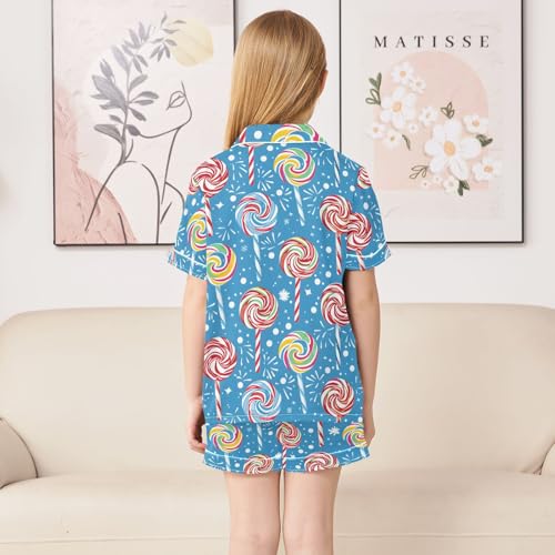 ALAZA Colorful Lollipop Rainbow Blue Satin Pajamas Set Short Sleeve Button Down Sleepwear Summer Pjs 2 Piece4